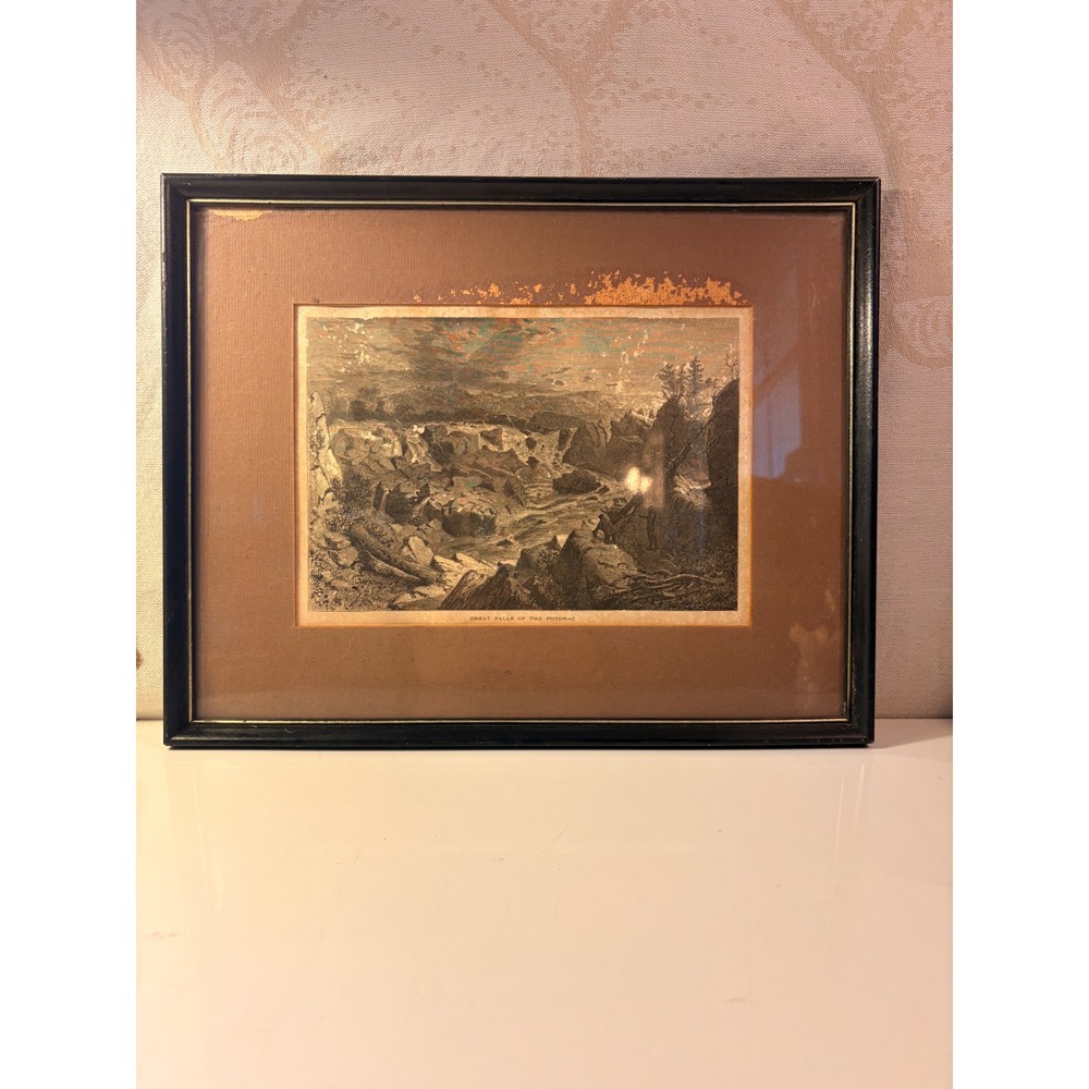 Great Falls of the Potomac Antique Wood Engraving Framed Landscape Print Art